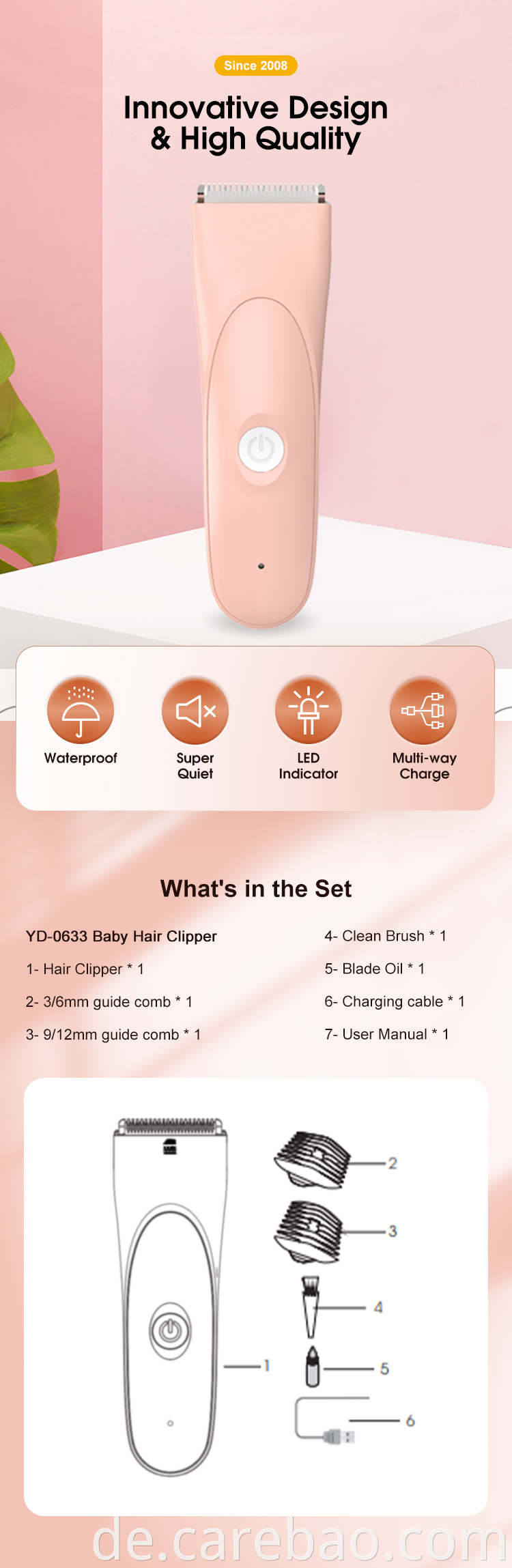 Modernes Design wasserdichte elektrische Körper Trimmer Baby Haarschneider für Kinder mit Sicherheit abnehmbarer Keramikblatt in niedrigem Geräusch